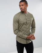 Asos Stretch Slim Shirt In Light Khaki With Grandad Collar - Green