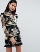 Prettylittlething Premium Floral High Neck Embellished Mini Dress - Black