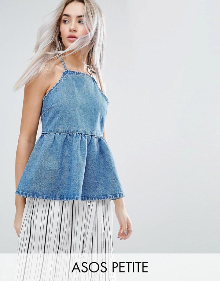 Asos Petite Denim Square Neck Top With Frill Hem In Midwash Blue - Blue