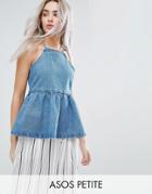 Asos Petite Denim Square Neck Top With Frill Hem In Midwash Blue - Blue