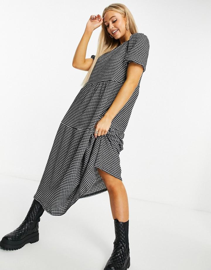 Asos Design Midi Tiered Smock Dress In Black Based Grid Print