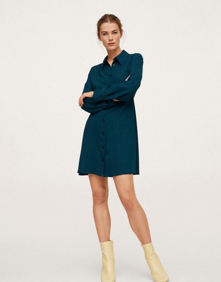 Mango 60's Button Front Shift Dress In Teal-green