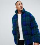 Asos Design Tall Borg Puffer Jacket In Blue Check - Blue