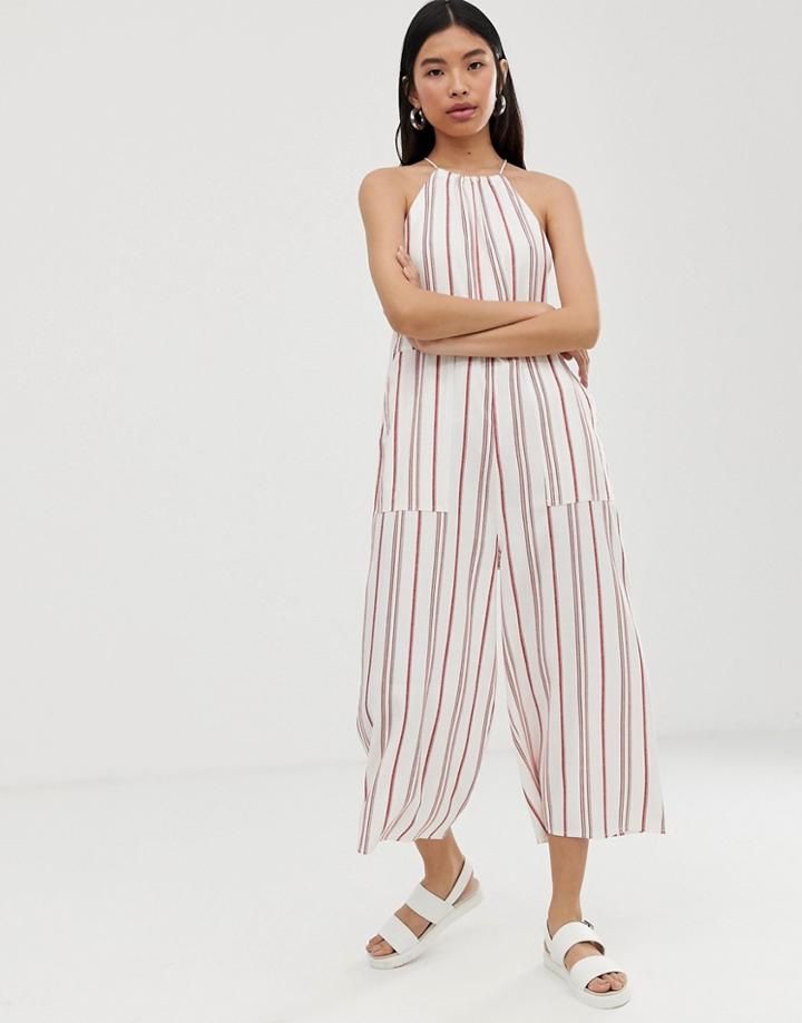Asos Design Minimal Stripe Print Halter Jumpsuit-multi