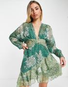 Asos Design Textured Mixed Floral Mini Dress With Ruffle Hem-multi