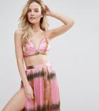 Asos Design Petite Satin Tie Dye Lace Trim Triangle Beach Top Two-piece - Pink