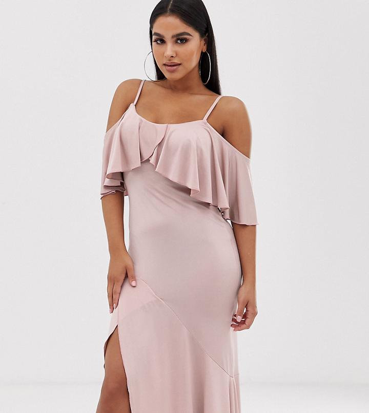 Flounce London Petite Satin Stretch Midi Dress With Cold Shoulder With Frill Detail In Mauve-purple