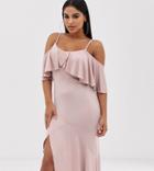 Flounce London Petite Satin Stretch Midi Dress With Cold Shoulder With Frill Detail In Mauve-purple