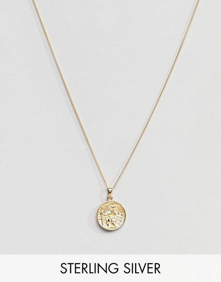 Asos Design Sterling Silver St Christopher Necklace With Gold Plating - Gold