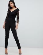 Little Mistress Lace Sleeve Fitted Jumpsuit In Black - Black
