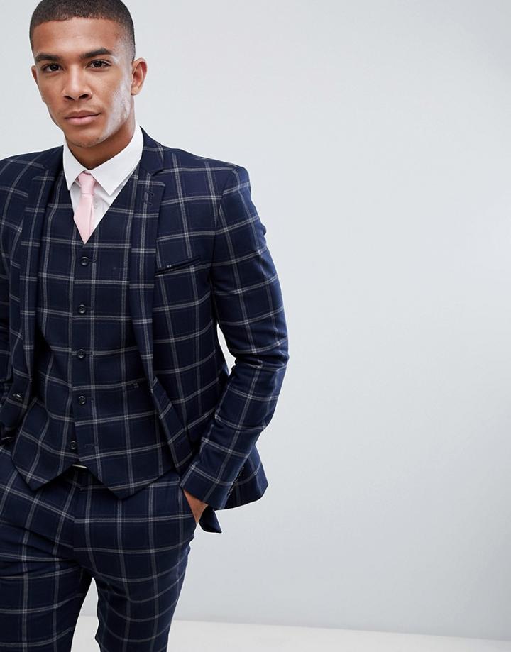 Asos Design Super Skinny Suit Jacket In Large Scale Navy Windowpane Check - Navy