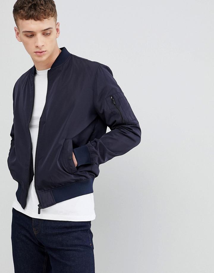 Bershka Lightweight Bomber In Navy - Navy