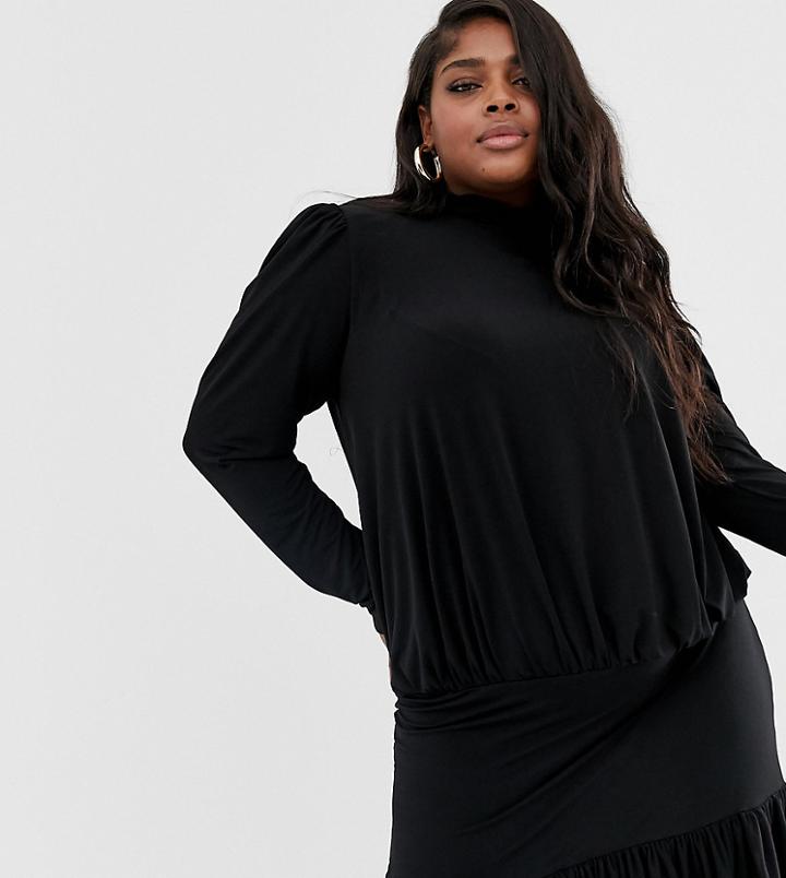 John Zack Plus High Neck Ruched Mini Dress In Black