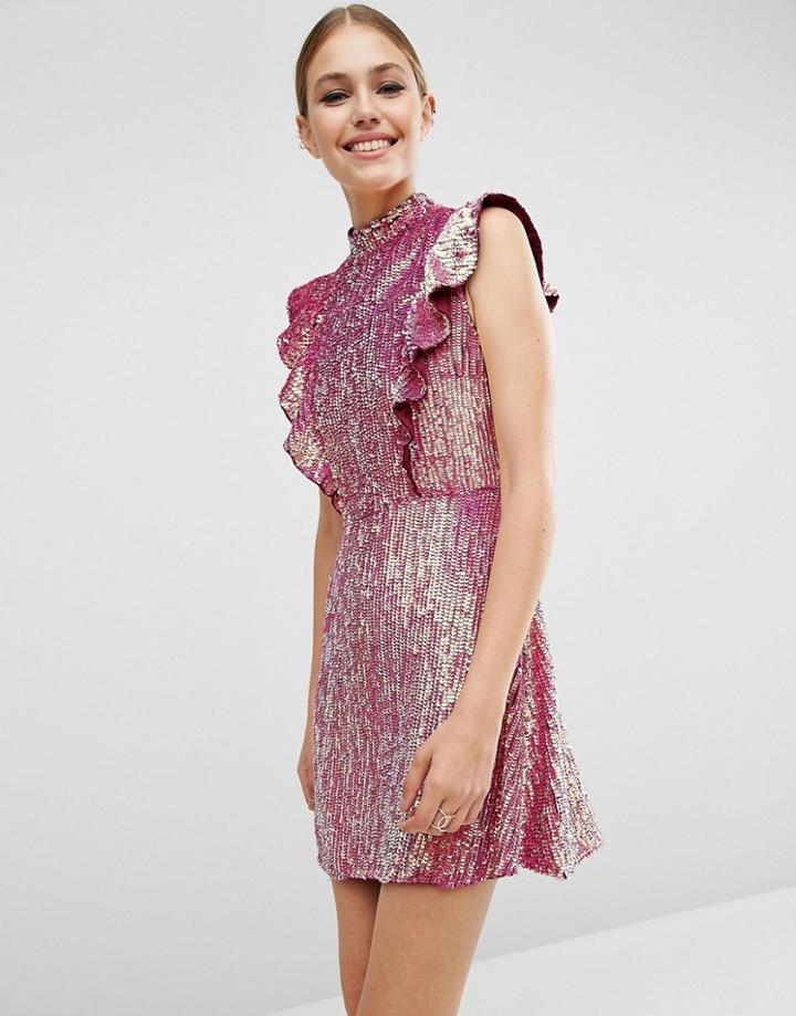 Asos Sequin Frill Mini Dress - Pink