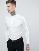Asos Design Skinny Fit Sateen Shirt With Pleat Detail & Grandad Collar - White