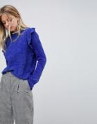 Qed London Chenille Sweater With Frill Detail - Blue