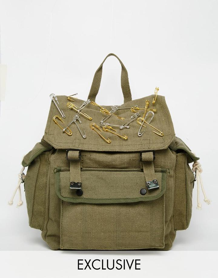 Reclaimed Vintage Military Backpack With Safety Pins - Green