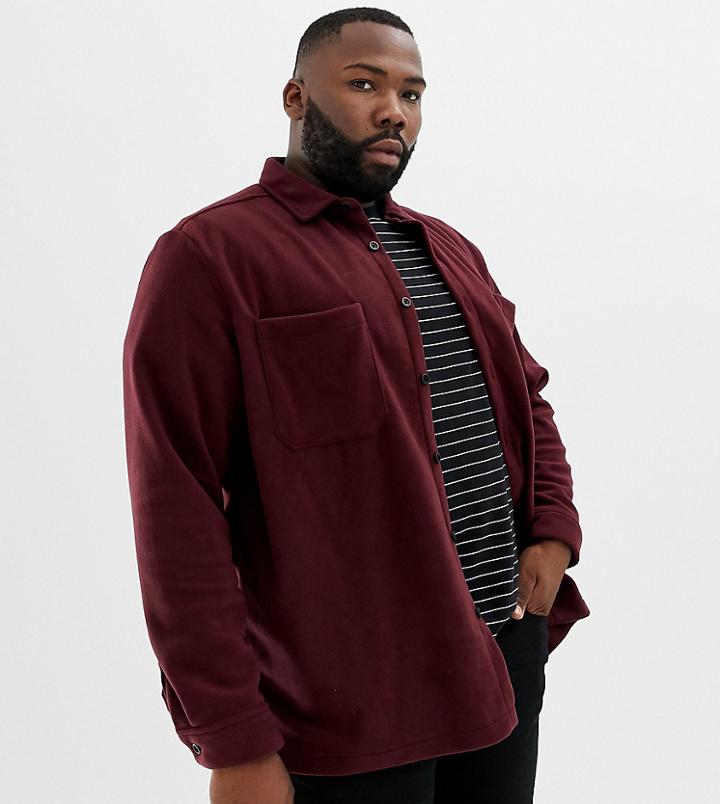 Asos Design Plus Fleece Overshirt In Burgundy-red