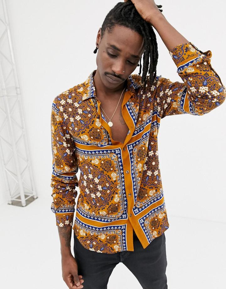 Asos Design Regular Fit Paisley Border Print Shirt In Navy & Mustard - Navy