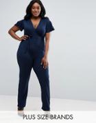 Club L Plus Jumpsuit With Frill Sleeve - Navy