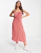 Pieces Ruched Front Midi Dress In Red Ditsy Floral
