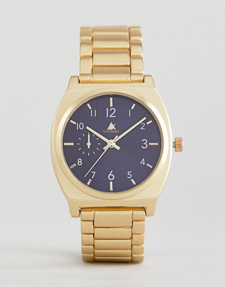 Asos Bracelet Watch In Brushed Gold With Navy Dial - Gold