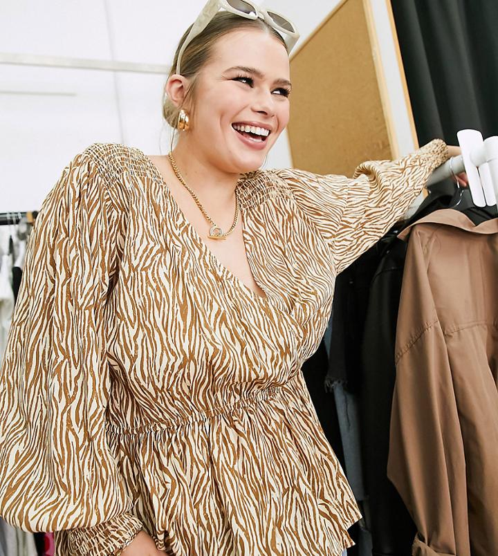 River Island Plus Animal Print Wrap Tea Blouse In Brown