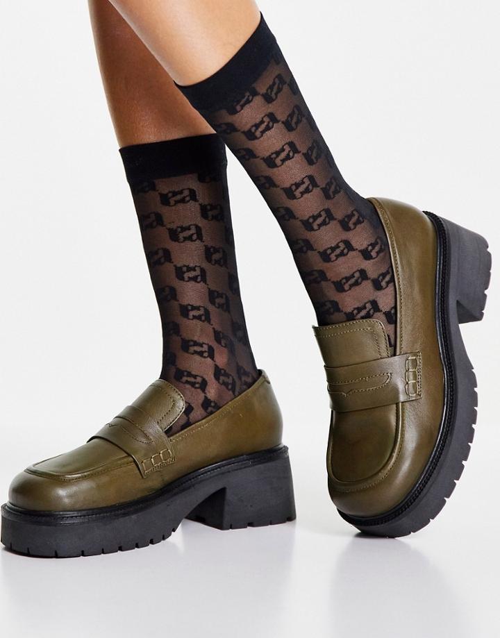 Asos Design Moral Leather Chunky Loafer In Khaki-green