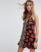Kiss The Sky Cami Dress With Ruffle Hem In Leopard And Rose Mix Print - Multi