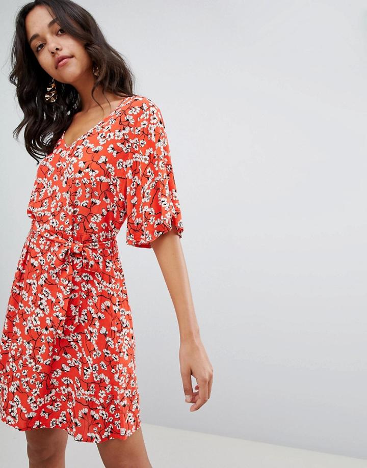 Vila Floral Tie Waist Skater Dress - Multi