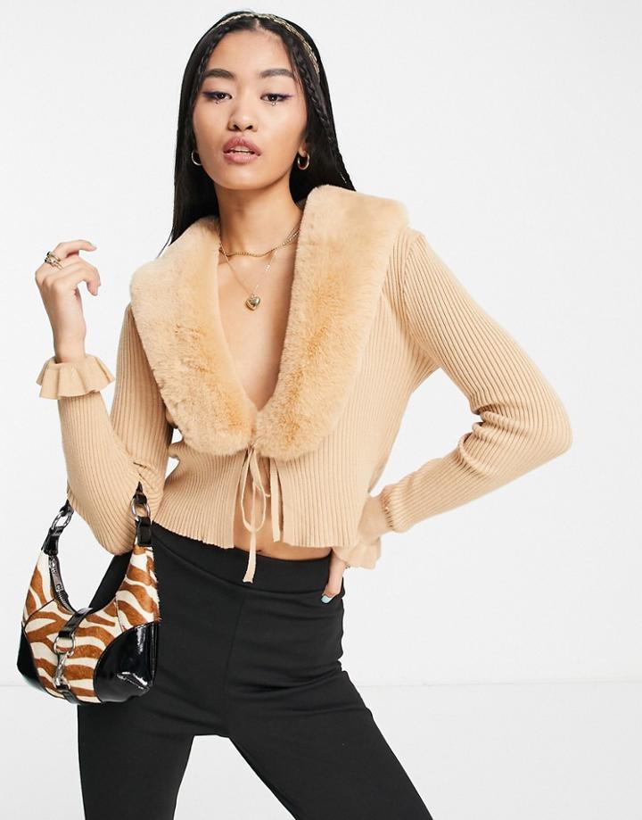 Miss Selfridge Camel Faux Fur Trim Cardigan - Part Of A Set-neutral