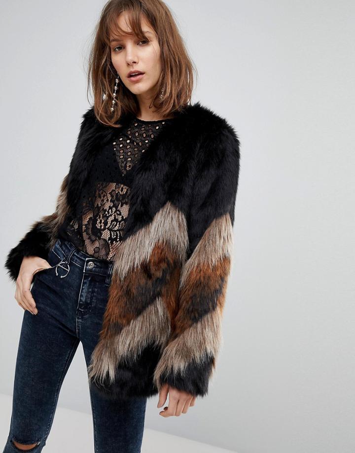 Stradivarius Faux Fur Zig Zag Coat - Brown