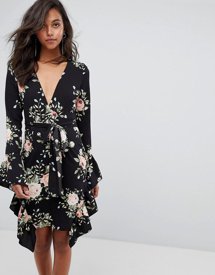 Prettylittlething Floral Frill Detail Wrap Dress - Black