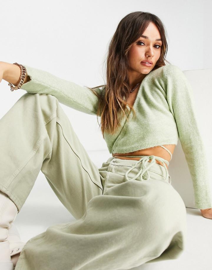 Topshop Knitted Crop Wrap Cardi In Sage-green