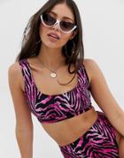 Asos Design Fuller Bust Skinny Crop Bikini Top Pink Zebra Print Dd-g - Pink