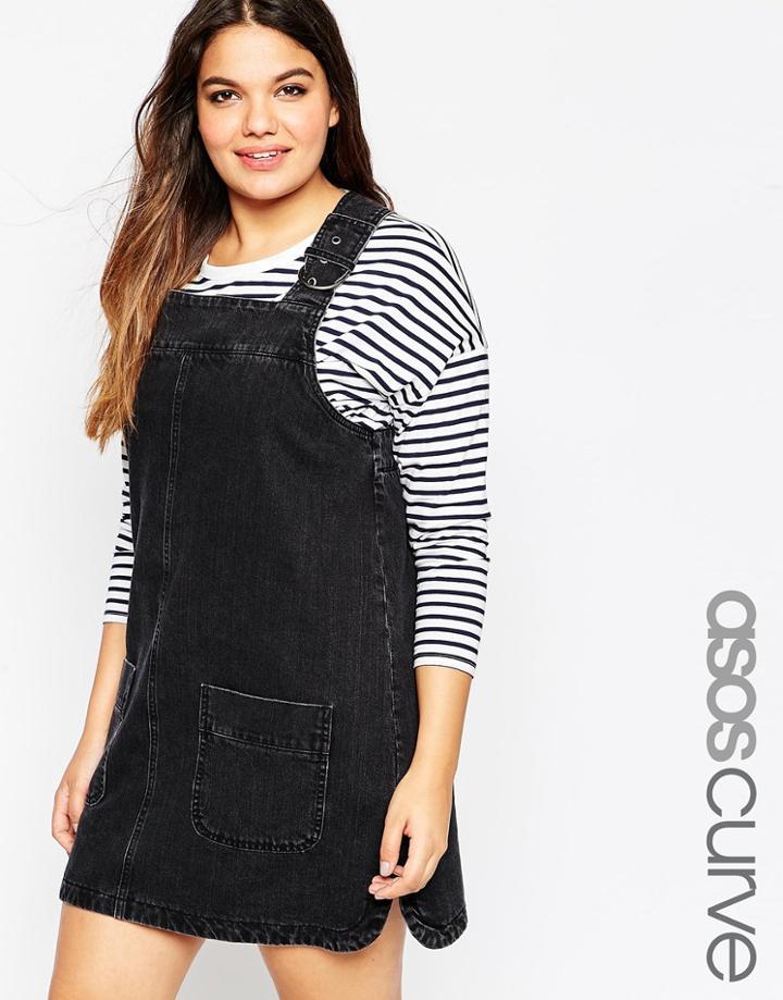 Asos Curve Denim Pinafore Dress With Cross Back & Patch Pockets - Black
