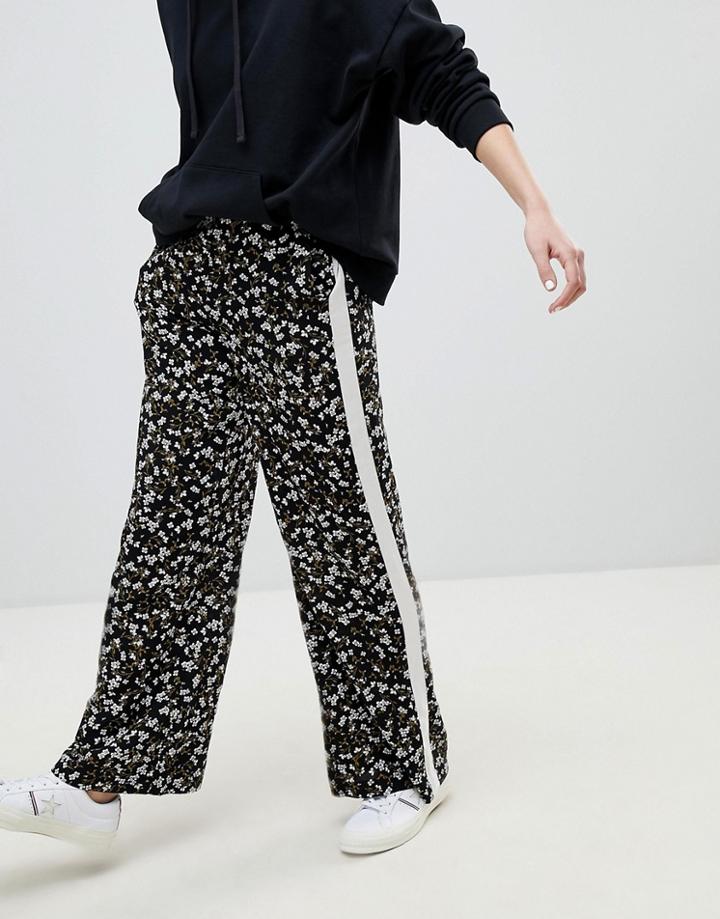 New Look Floral Stripe Wide Leg Pants - Black