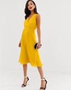 Asos Design Wrap Bodice Midi Dress With Tie Waist And Pleat Skirt-yellow