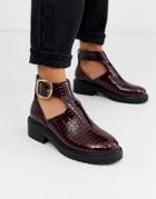 London Rebel Cut Out Flat Chunky Ankle Boots In Burgundy Croc-red