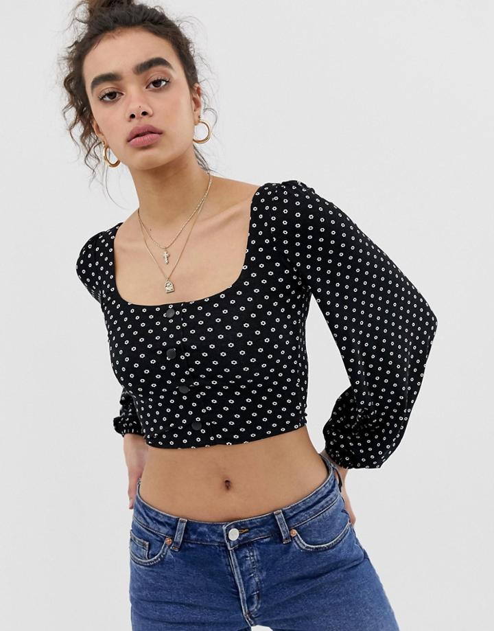 Nobody's Child Button Front Top With Balloon Sleeves - Navy