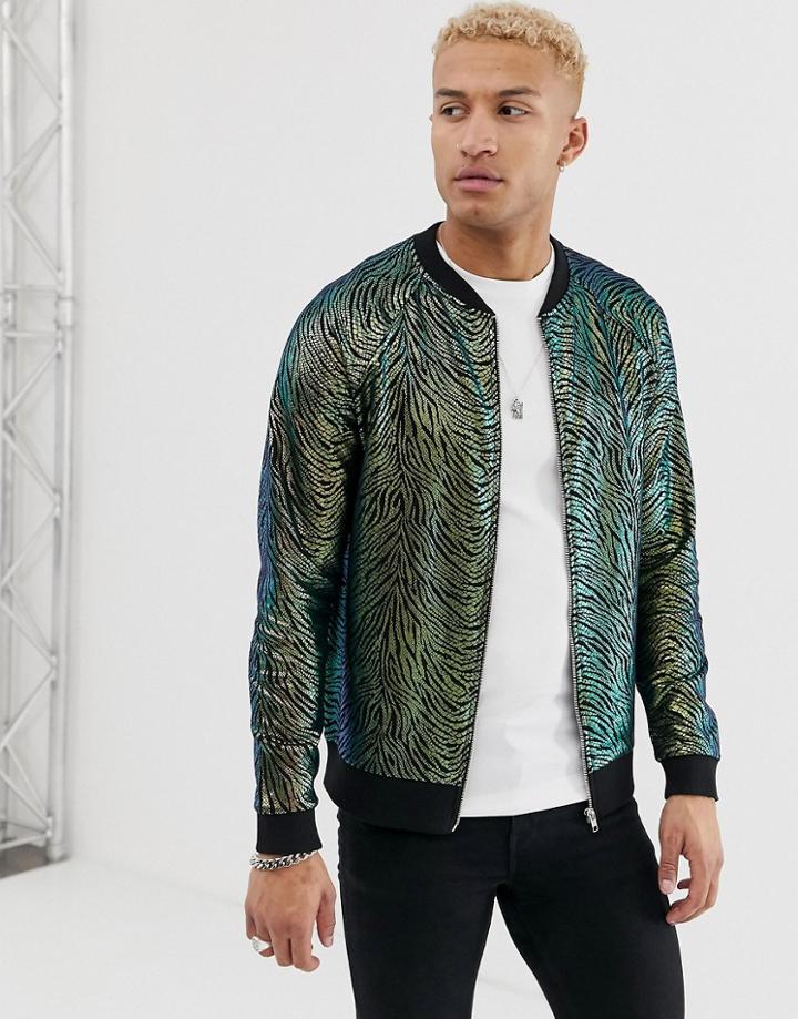 Asos Design Poly Tricot Bomber Jacket In Colored Zebra Print-black