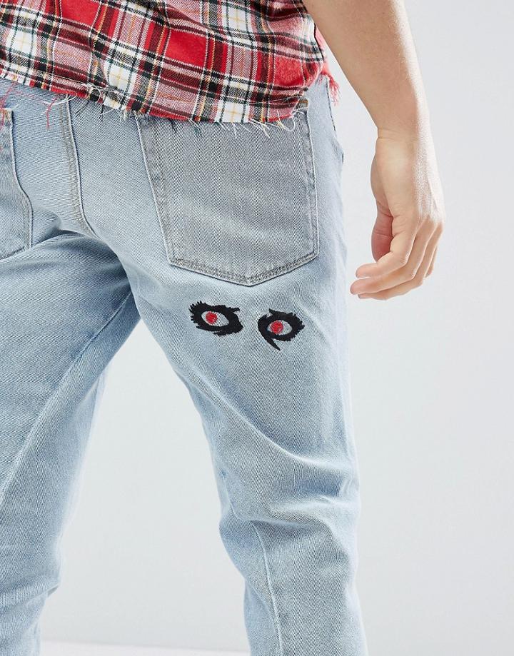 Asos Design Skinny Twisted Jeans In Light Wash Blue With Embroidery