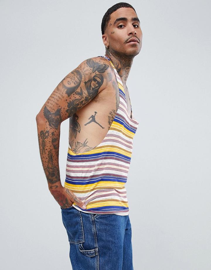 Asos Design Extreme Racer Back Tank With Retro Stripe On Viscose Slub And Raw Edge - Multi