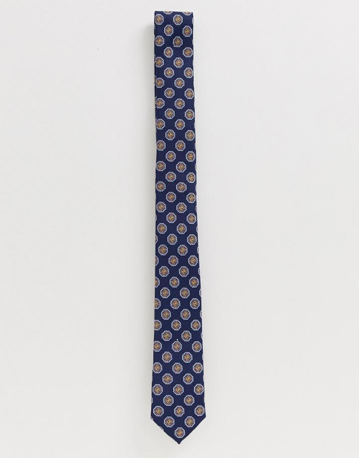 Asos Design Slim Textured Tie In Navy Geo Print - Multi