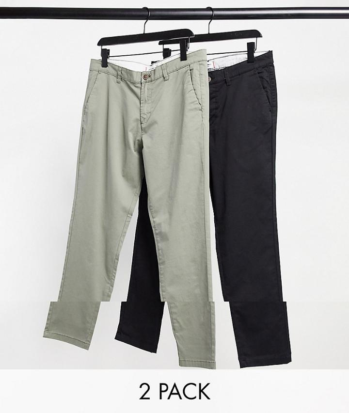 Jack & Jones Intelligence 2 Pack Slim Tapered Chino In Dusty Olive & Black-multi
