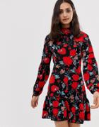 Parisian High Neck Floral Print Dress - Black