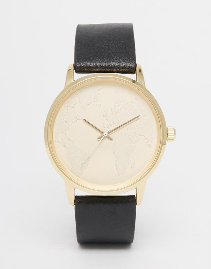 Asos Watch With Embossed Map Face And Black Strap - Black