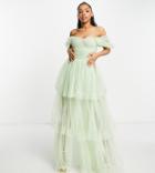 Lace & Beads Exclusive Off-the-shoulder Tulle Tiered Maxi Dress In Sage Green
