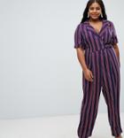 Asos Design Curve Wrap Jumpsuit With Self Buckle In Stripe-multi