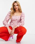 River Island Floral Puff Sleeved Top In Pink